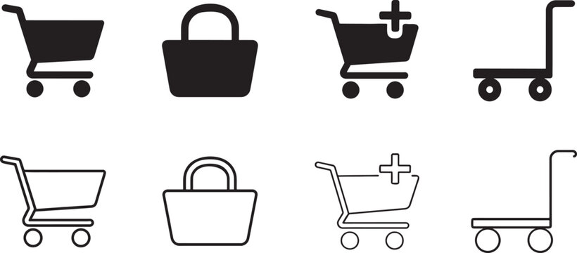 Bold and outline shopping cart related silhouette icon set, clean EPS vector for ecommerce.