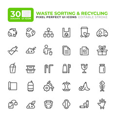 Fototapeta premium Waste recycling process line essential ui icon set. Litter sorting and disposal. Garbage management industry. Isolated vector outline symbols iconography. User interface elements linear, pixel perfect