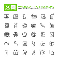 Fototapeta premium Waste management service line essential ui icon set. Litter sorting facility. Garbage disposal technology. Isolated vector outline symbols iconography. User interface elements linear, pixel perfect