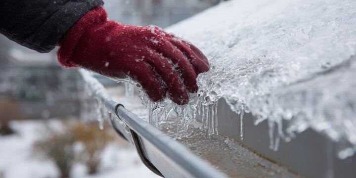 Close-up of a gloved hand clearing frozen ice from a roof gutter, winter home maintenance and ice dam prevention concept