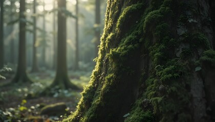 Obraz premium Mossy Tree Bases in Foggy Forest