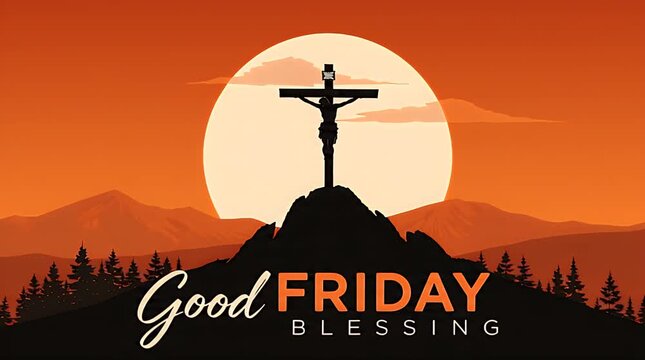 Jesus christ crucified at sunset with text good friday blessing, suitable for religious holidays, church promotions, and spiritual design projects.