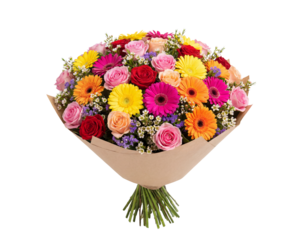 PNG image of Vibrant bouquet of mixed colorful gerbera daisies and roses elegantly wrapped in brown paper on transparent background