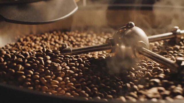Coffee Beans Roasting in Industrial Machine, Aroma, Energy, Freshness