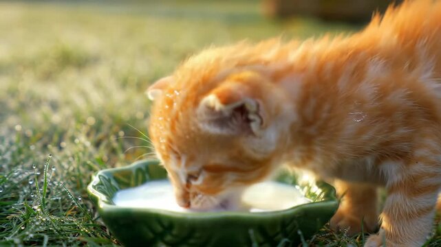 Adorable orange kitten drinking milk from bowl on grass. Pet animal cat milk drinking kitten.