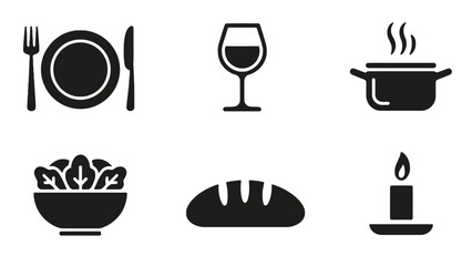 A set of black and white icons representing food and dining