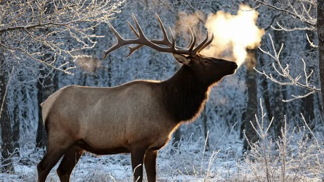 A majestic elk stands in a snowy forest, bugling loudly as the morning sun shines brightly behind its antlers