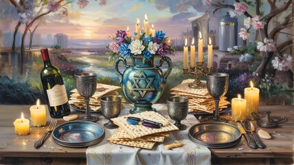 Seder Feast Arrangement amid Sunset River Castle Landscape