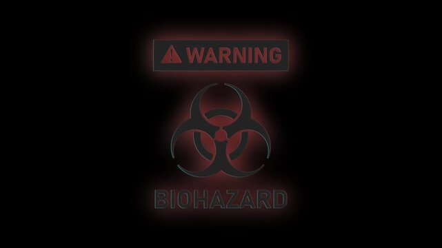 Biohazard symbol warning sign glitch animation flashing over alpha channel transparent background, 4K resolution.