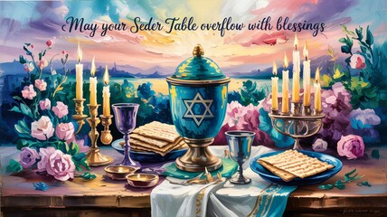 Inspirational Seder Blessing Text Over Table with Sunset View