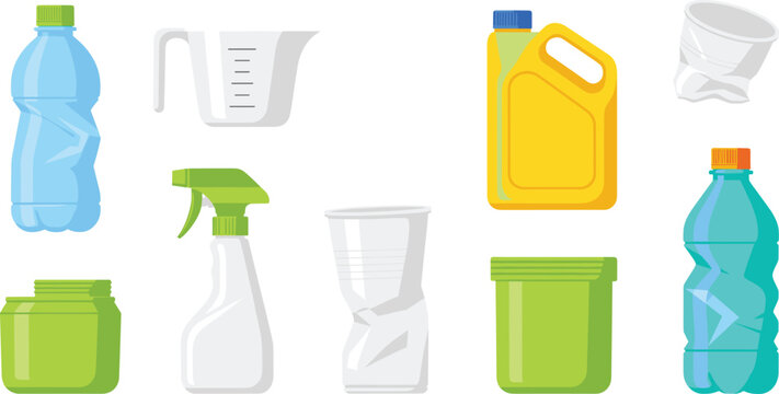 Vector illustration set of various plastic waste items including crushed water bottles, detergent jugs, spray bottles, and disposable cups for recycling and environmental conservation concepts.