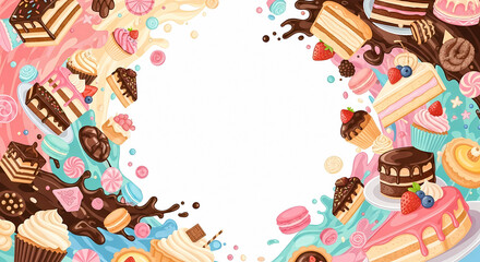 Sweet Dessert Party Border with Colorful Cakes Cupcakes and Confections on a Vibrant Background Vector Illustration