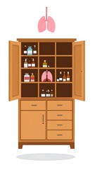 Opened wooden cabinet with medicine bottles and anatomical lungs illustration