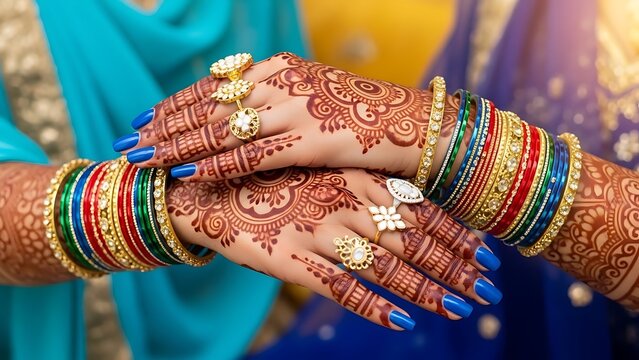 Intricately decorated hands with henna and jewelry for a traditional indian wedding