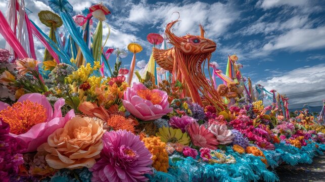 Colorful Batalla de Flores parade float with tropical decor