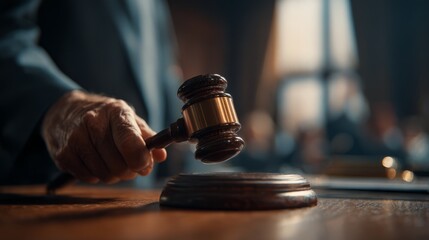 Judge striking wooden gavel in courtroom decision