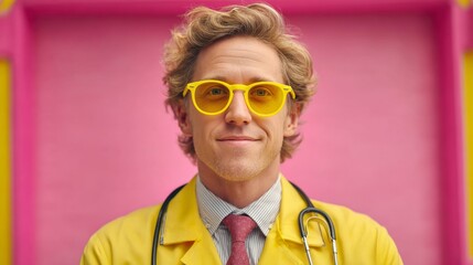 Confident young doctor in pink sunglasses and stethoscope