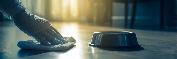 Hand in glove cleaning surface near pet bowl