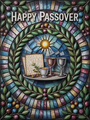 Festive Passover stained glass design with seder plate elements
