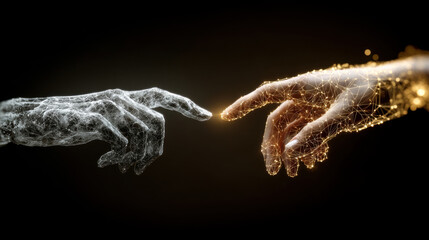 Digital and human hands reaching out to touch, symbolizing connection and technology. Two hands, one digital and one human, are about to touch, representing the intersection of technology and humanity
