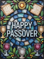 Passover holiday stained glass greeting with matzah and wine cups