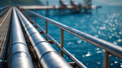 Offshore oil refinery with metal pipelines over ocean