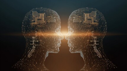 Two futuristic AI humanoids connecting through digital interface