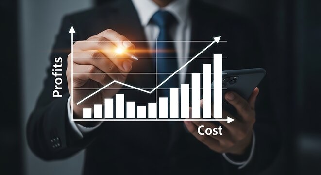 Business professional analyzing financial growth, profits, and cost reduction with a holographic graph and smartphone in a corporate setting.