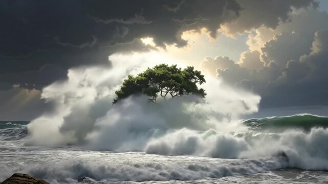 Dramatic seascape featuring a solitary tree on a y outcrop amidst crashing waves and stormy skies.