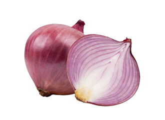 Fresh whole red onion and a cut slice, showcasing its purple outer skin and white inner layers. Ideal for culinary use, rich in nutrients, representing healthy eating and organic produce.