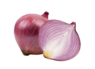 Fresh whole red onion and a cut slice, showcasing its purple outer skin and white inner layers. Ideal for culinary use, rich in nutrients, representing healthy eating and organic produce.