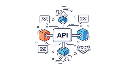 Digital technology illustration showing API integration concepts with connecting colorful cubes and symbols of partnership.