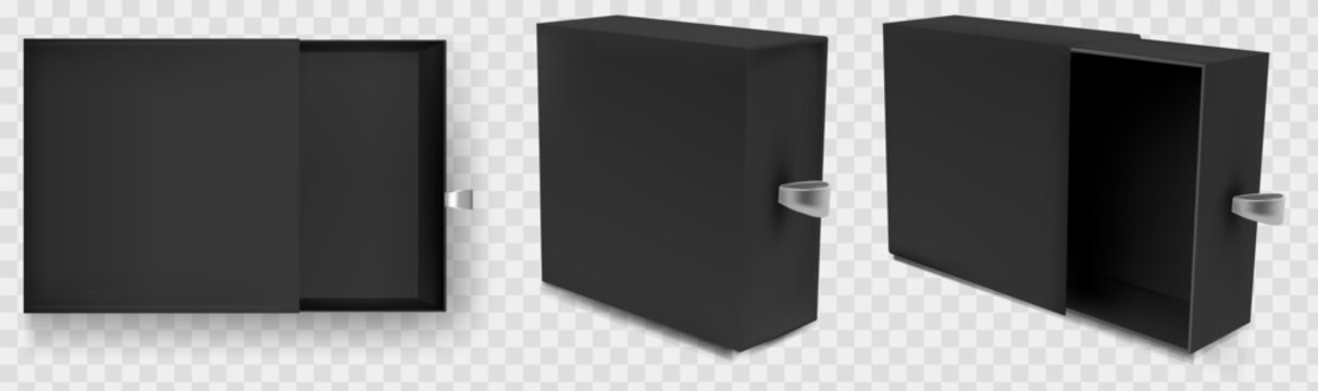 Slide box with black drawer mockup for gift in sleeve packaging presentation. Square 3d cardboard case with luxury top view and realistic design. Isolated vector template set for retail and jewelry