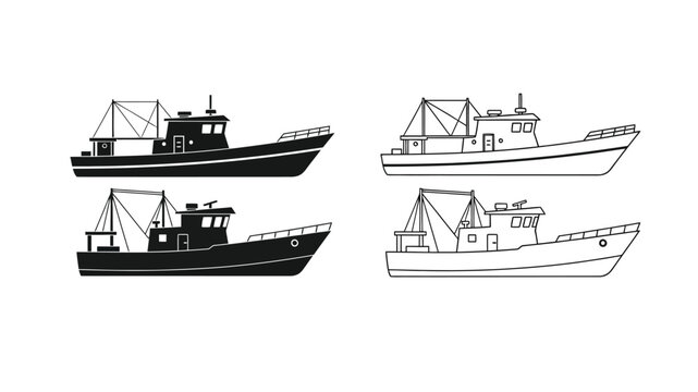 a simple line drawing featuring four fishing boats against a white background