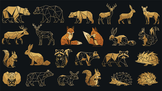Diverse collection of wild forest animals created in a stylish low-poly geometric vector art style on a dark black background.