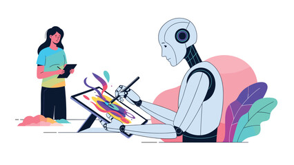 Humanoid robot creating digital art on a graphic tablet while a female professional observes and takes notes on progress.