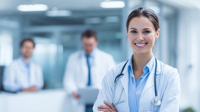 a confident and smiling young female doctor wearing a white lab coat and stethoscope, standing in a bright, modern hospital hallway with colleagues blurred in the background.