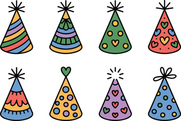 Birthday Party Hat Outline Icon Set  Stripes, Dots & Hearts