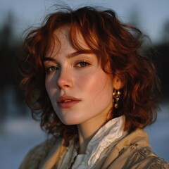 Golden Hour Portrait: Red-Haired Woman in Winter Wonderland