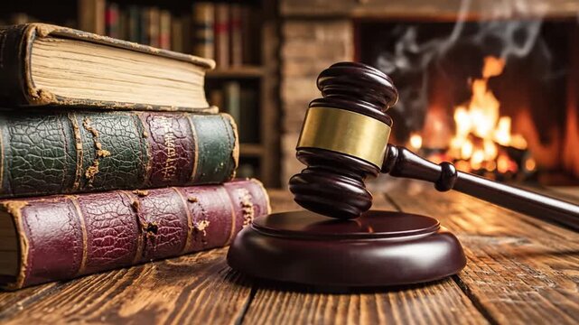 Gavel and law books on wooden desk by fireplace in library