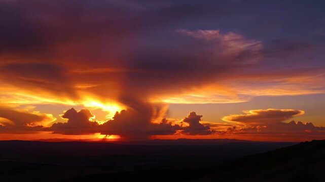 Tornado forms over mountainous landscape during dramatic sunset with stormy clouds