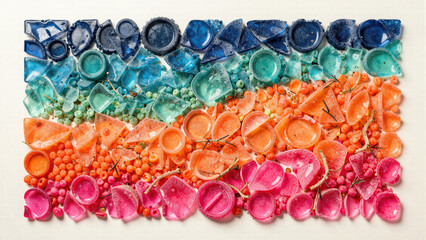 Colorful recycled plastic bottle caps and scraps arranged in vibrant horizontal rows creating a textured surface for ecological and environmental presentations.