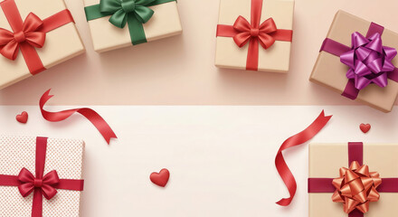 Romantic Gift Box with Red Ribbon on Pink Background for Valentine Day.