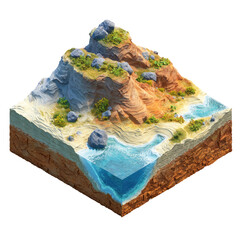 Isometric cross-section illustrating a sandy beach, rocky hillside, and underwater details