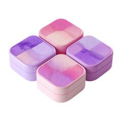 Four stylized, square containers in pastel hues, arranged in a diamond-like formation