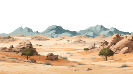 Serene desert landscape with rocky mountains and sandy dunes