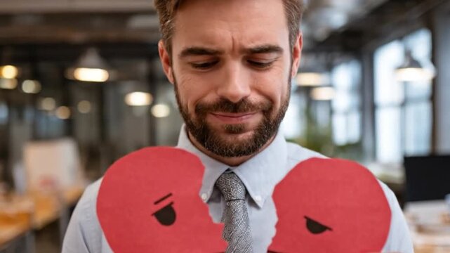 A somber man, appearing deeply troubled, holds up two halves of a broken red paper heart, each adorned with a melancholic frowny face. His furrowed brow and pensive gaze convey a profound sense of sad