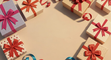 Flat Lay of Gift Boxes with Red Ribbon and Copy Space for Message.