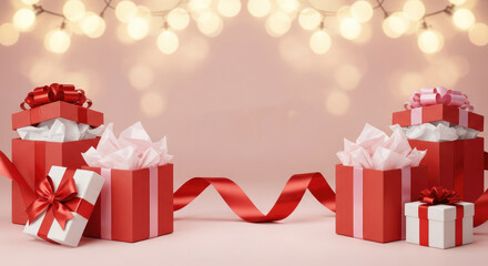 Elegant Present Box with Red Ribbon and Heart Decoration for Holiday.