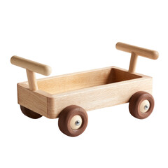 A small, wooden toy wagon with a rectangular box and four wheels